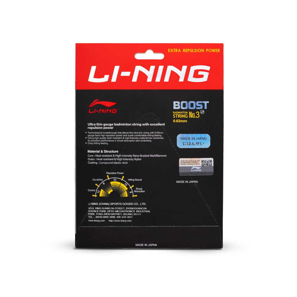 Li-Ning No. 3 Boost Nylon Badminton String with high Repulsion Power (Black, 0.63 mm, 30 lbs, 25 GMS)